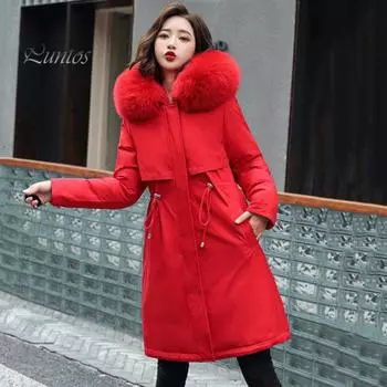 Зимняя женская куртка с меховым капюшоном, длинными рукавами, карманами, длиной до колена, застежкой на молнию и пуговицы, толстой плюшевой подкладкой, хлопковым пальто средней длины XL хаки