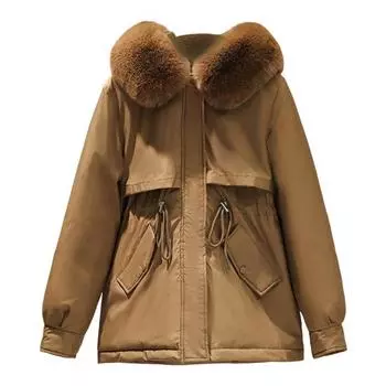 Зимняя женская куртка с меховым капюшоном, длинными рукавами, утепленным шнурком на талии, карманами, хлопковым пальто, застежкой-молнией, средней длины, однотонное ветрозащитное теплое пальто M хаки