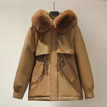 Зимняя женская куртка с меховым капюшоном, длинными рукавами, утепленным шнурком на талии, карманами, хлопковым пальто, застежкой-молнией, средней длины, однотонное ветрозащитное теплое пальто M чёрный