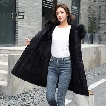 Зимняя женская куртка с меховым капюшоном, длинными рукавами, карманами, длиной до колена, застежкой на молнию и пуговицы, толстой плюшевой подкладкой, хлопковым пальто средней длины XL хаки