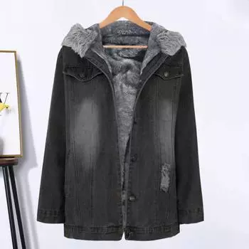 Зимняя женская куртка с меховым капюшоном, утолщенный плюш, длинные рукава, карманы, застежка на пуговицы, карманы с клапанами, пальто короткого типа, ветрозащитное теплое джинсовое пальто M темно-синий