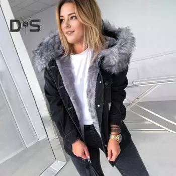 Зимняя женская куртка с меховым капюшоном, утолщенный плюш, длинные рукава, карманы, застежка на пуговицы, карманы с клапанами, пальто короткого типа, ветрозащитное теплое джинсовое пальто M серый