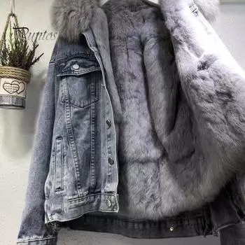 Зимняя женская куртка с меховым капюшоном, утолщенный плюш, длинные рукава, карманы, застежка на пуговицы, карманы с клапанами, пальто короткого типа, ветрозащитное теплое джинсовое пальто S синий