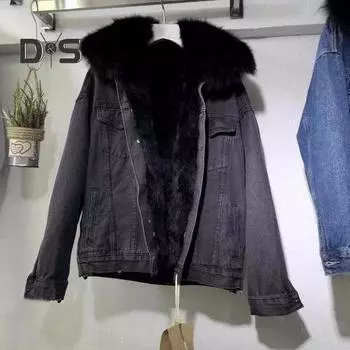 Зимняя женская куртка с меховым капюшоном, утолщенный плюш, длинные рукава, карманы, застежка на пуговицы, карманы с клапанами, пальто короткого типа, ветрозащитное теплое джинсовое пальто S синий