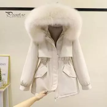 Зимняя женская куртка с меховым капюшоном, утолщенный плюш, длинные рукава, эластичный пояс, карманы, застежка-молния, пальто средней длины, ветрозащитное теплое пальто M кофейный