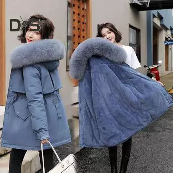 Зимняя женская куртка с меховым капюшоном, утолщенный плюш, длинные рукава, эластичный пояс, карманы, застежка-молния, пальто средней длины, ветрозащитное теплое пальто M чёрный