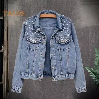 Зимняя женская куртка с отделкой из бисера, большие размеры, длинные рукава, отложной воротник, нагрудные карманы, застежка на пуговицы, пальто короткого типа, повседневная уличная одежда, джинсовые пальто M светло-синий