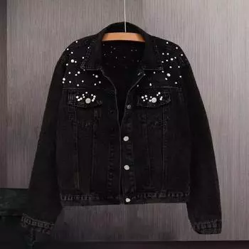 Зимняя женская куртка с отделкой из бисера, большие размеры, длинные рукава, отложной воротник, нагрудные карманы, застежка на пуговицы, пальто короткого типа, повседневная уличная одежда, джинсовые пальто M светло-синий