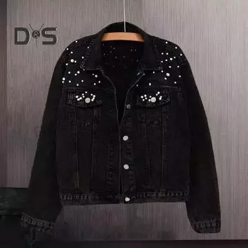 Зимняя женская куртка с отделкой из бисера, большие размеры, длинные рукава, отложной воротник, нагрудные карманы, застежка на пуговицы, пальто короткого типа, повседневная уличная одежда, джинсовые пальто M чёрный