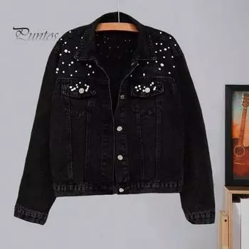 Зимняя женская куртка с отделкой из бисера, большие размеры, длинные рукава, отложной воротник, нагрудные карманы, застежка на пуговицы, пальто короткого типа, повседневная уличная одежда, джинсовые пальто M светло-синий