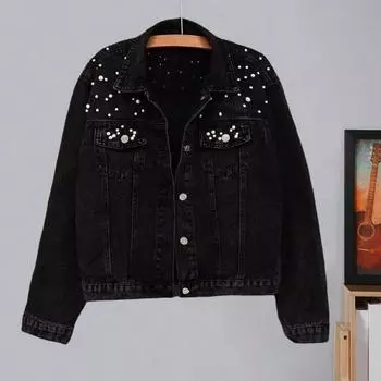 Зимняя женская куртка с отделкой из бисера, большие размеры, длинные рукава, отложной воротник, нагрудные карманы, застежка на пуговицы, пальто короткого типа, повседневная уличная одежда, джинсовые пальто M светло-синий