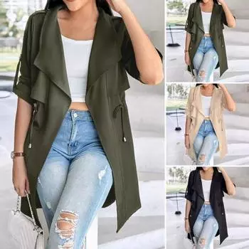 Зимняя женская куртка с рукавами средней длины и запонками, ветровка с завязками на талии, пальто с открытыми стежкам, ветрозащитное теплое пальто средней длины S хаки