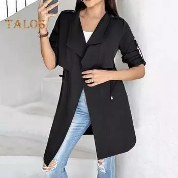 Зимняя женская куртка с рукавами средней длины и запонками, ветровка с завязками на талии, пальто с открытыми стежкам, ветрозащитное теплое пальто средней длины S хаки