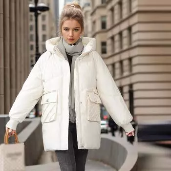 Зимняя женская куртка средней длины из однотонного утепленного хлопка XXXL белый