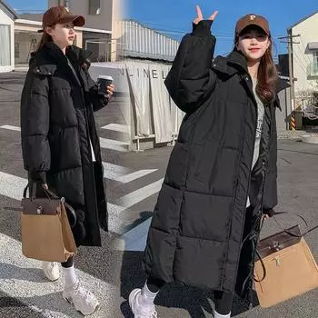 Зимняя женская куртка, теплая парка, женская утепленная стеганая куртка с хлопковой подкладкой, длинная верхняя одежда с капюшоном, свободная женская зимняя куртка 3XL чёрный
