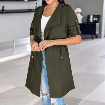 Зимняя женская куртка Yousheng с рукавами средней длины и запонками, ветровка с завязками на талии, пальто с открытыми стежками, ветрозащитное теплое пальто средней длины M хаки