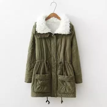 Зимняя женская куртка Yousheng, утолщенный плюш, отложной воротник, длинные рукава, эластичный пояс, карманы, застежка-молния, пальто средней длины, ветрозащитное теплое пальто S хаки