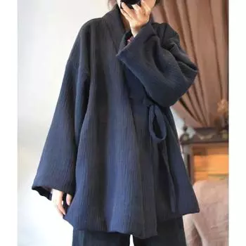 Зимняя женская льняная хлопковая одежда в китайском стиле Johnature, однотонная хлопковая одежда с длинными рукавами One Size синий