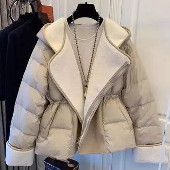 Зимняя женская лоскутная парка из овечьей шерсти, женская уличная одежда с отложным воротником, верхняя одежда, толстая теплая свободная куртка с хлопковой подкладкой с капюшоном M бежевый