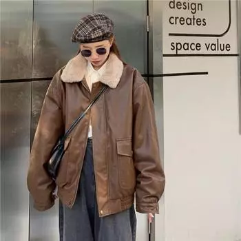 Зимняя женская меховая кожаная куртка с длинными рукавами, свободная теплая овечья шерсть, винтажное утолщенное женское мотоциклетное пальто из искусственной кожи с лацканами локомотива S коричневый