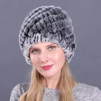 Зимняя женская меховая шапка из кроличьей шерсти Рекс, вязаная шапка, утолщенная теплая модная зимняя шапка 52-60cm белый