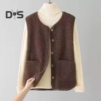 Зимняя женская многослойная жилетка, пальто, тонкая утепленная застежка на кнопки, V-образный вырез, тонкая плюшевая безрукавка, однотонная, сохраняющая тепло куртка для отдыха на открытом воздухе XL хаки