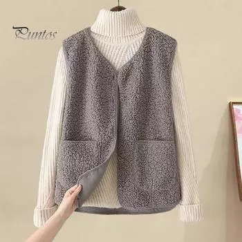 Зимняя женская многослойная жилетка, пальто, тонкая утепленная застежка на кнопки, V-образный вырез, тонкая плюшевая безрукавка, однотонная, сохраняющая тепло куртка для отдыха на открытом воздухе XL кофейный