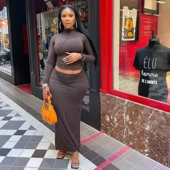 Зимняя женская мода повседневная полувысокая горловина длинный рукав однотонная утягивающая полуюбка S темно-коричневого