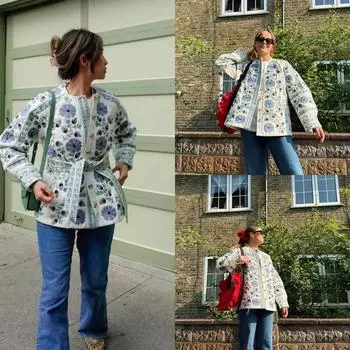 Зимняя женская мода с цветочным принтом, хлопковая куртка с поясом, женские однобортные тонкие пальто на шнуровке 2024 Lady Highstreet S синий