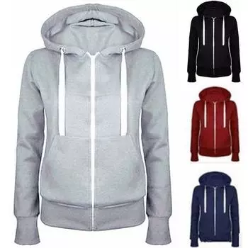 Зимняя женская мода с длинными рукавами, однотонная куртка на молнии с капюшоном L чёрный