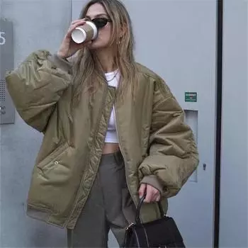 Зимняя женская модная однотонная куртка на молнии, свободное толстое теплое пальто S хаки