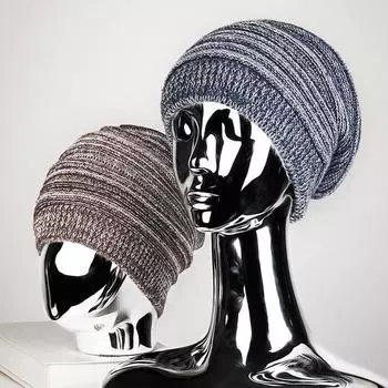 Зимняя женская мужская плиссированная теплая шапка, утепленная эластичная вязаная шапка, двухцветная шапка чёрный