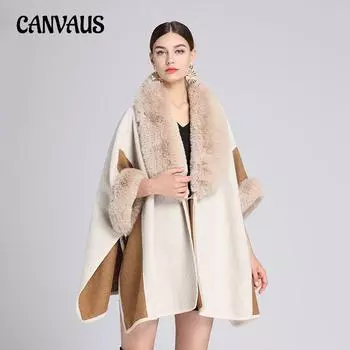 Зимняя женская накидка с шалью, женская куртка с меховым воротником, большой размер, с семиточечными рукавами, свободная твидовая куртка, вязаный кардиган One Size хаки