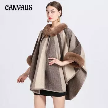 Зимняя женская накидка-шаль с меховым воротником, жаккардовый вязаный кардиган большого размера, твидовый жакет с семиточечными рукавами One Size серый