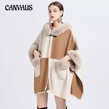 Зимняя женская накидка, шаль с меховым воротником, большой размер, вязаный темперамент, элегантный кардиган, свободный твидовый жакет с семиточечными рукавами One Size розовый