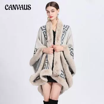 Зимняя женская накидка-шаль с меховым воротником, жаккардовая накидка-шаль большого размера, вязаный кардиган, свободная куртка One Size хаки