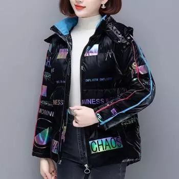 Зимняя женская не требующая стирки глянцевая парка свободная утолщенная теплая парка с капюшоном короткая ветрозащитная водонепроницаемая куртка M чёрный