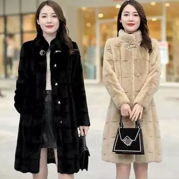 Зимняя женская норковая шуба для мам среднего и пожилого возраста, модная универсальная теплая куртка, длинный повседневный шерстяной свитер для темперамента S хаки