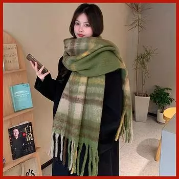 Зимняя женская новая клетчатая удлиненная и утолщенная теплая имитация кашемира шаль с кисточками теплый универсальный шарф 200*40cm