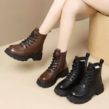 Зимняя женская обувь Ботинки с круглым носком и толстым каблуком Кожаная обувь для женщин Теплые зимние ботинки Обувь на молнии на платформе для женщин 35 коричневый