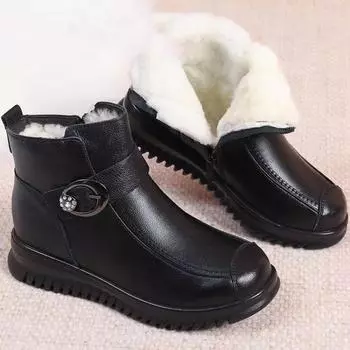 Зимняя женская обувь из кожи, водонепроницаемая, теплая, плюшевая, черного цвета, женские зимние ботинки, женские полусапожки на плоской подошве, ботинки для мам 35 чёрный