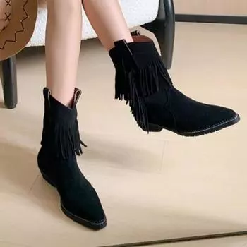 Зимняя женская обувь. Ковбойские сапоги в стиле вестерн. Теплые однотонные универсальные ботинки с острым носком и низким каблуком. 35