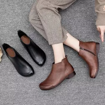 Зимняя женская обувь на плоской подошве 2024 года, новые модные ботильоны в стиле ретро, повседневные короткие ботинки больших размеров, однотонные теплые ботинки на плоской подошве с застежкой-молнией 35 чёрный