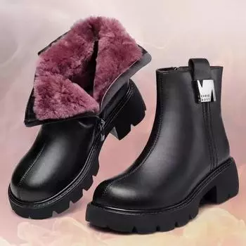 Зимняя женская обувь с круглым носком и толстым каблуком. Кожаная обувь для женщин. Теплые шерстяные зимние ботинки. Обувь на молнии и платформе. Женская обувь. 35 чёрный