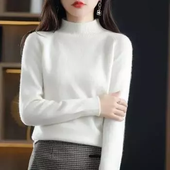 Зимняя женская одежда, модный офисный женский пуловер с воротником на шее и длинными рукавами, элегантный шерстяной вязаный базовый свободный свитер, джемпер 28995