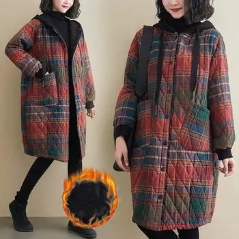 Зимняя женская одежда с капюшоном, куртка-парка, модное клетчатое пальто средней длины, куртка, сохраняющая тепло, свободная, для отдыха L