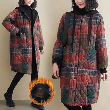 Зимняя женская одежда с капюшоном, куртка-парка, корейская мода, большие размеры, клетчатое пальто средней длины, куртка, сохраняющая тепло, свободная, для отдыха L