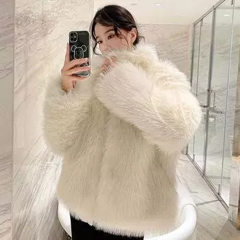 Зимняя женская однотонная меховая куртка с длинным рукавом, утолщенная короткая лисья шерсть, квадратный вырез, плюшевая куртка, куртка из искусственного меха, одежда S белый