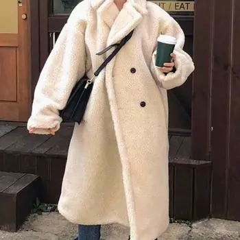 Зимняя женская однотонная шуба из искусственного меха ягненка, повседневная флисовая куртка с отложным воротником, длинная верхняя одежда One Size бежевый