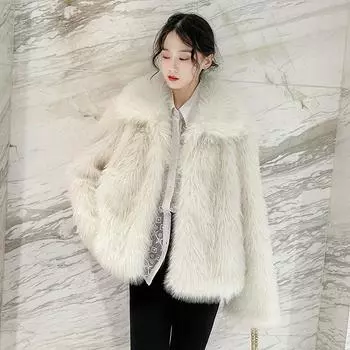 Зимняя женская однотонная шуба из искусственного меха с длинными рукавами, утолщенная короткая лисья шерсть, плюшевая куртка с квадратным вырезом, шуба из искусственного меха S белый